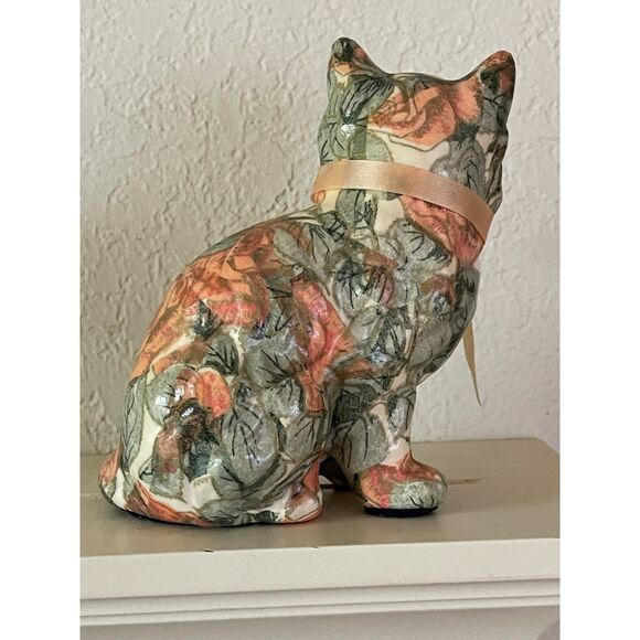 Vintage Porcelain Paper Mache Patchworks Calico Cat Figurine by Joan Baker Pink - Picture 4 of 6
